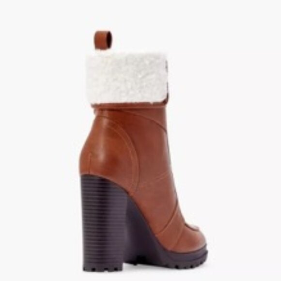 JustFab Shandee Sherpa Lug Sole Women's Heeled Bootie Cognac Size 7 - Picture 3 of 3